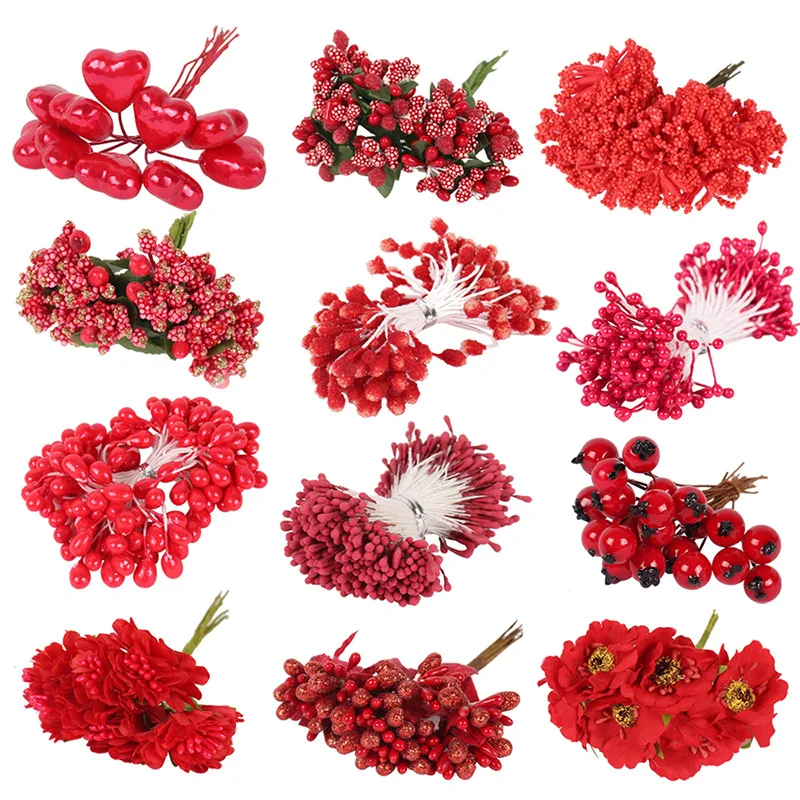 

Red Series Hybrid Flower Cherry Stamen Berries Bundle For Christmas Cake Wedding Party Home Decor Gift Wrap,1Yc22873