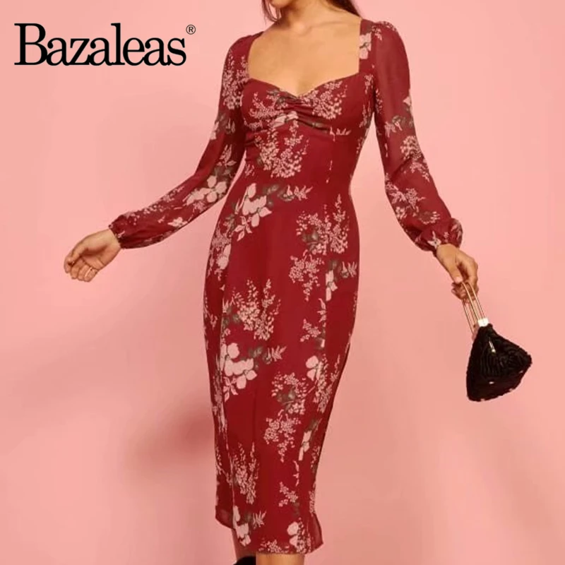 Bazaleas Vintage Long Sleeve Red party dress Chic Floral Print Split vestidos Fashion Back Tie Bandage Women midi Dress | Женская одежда