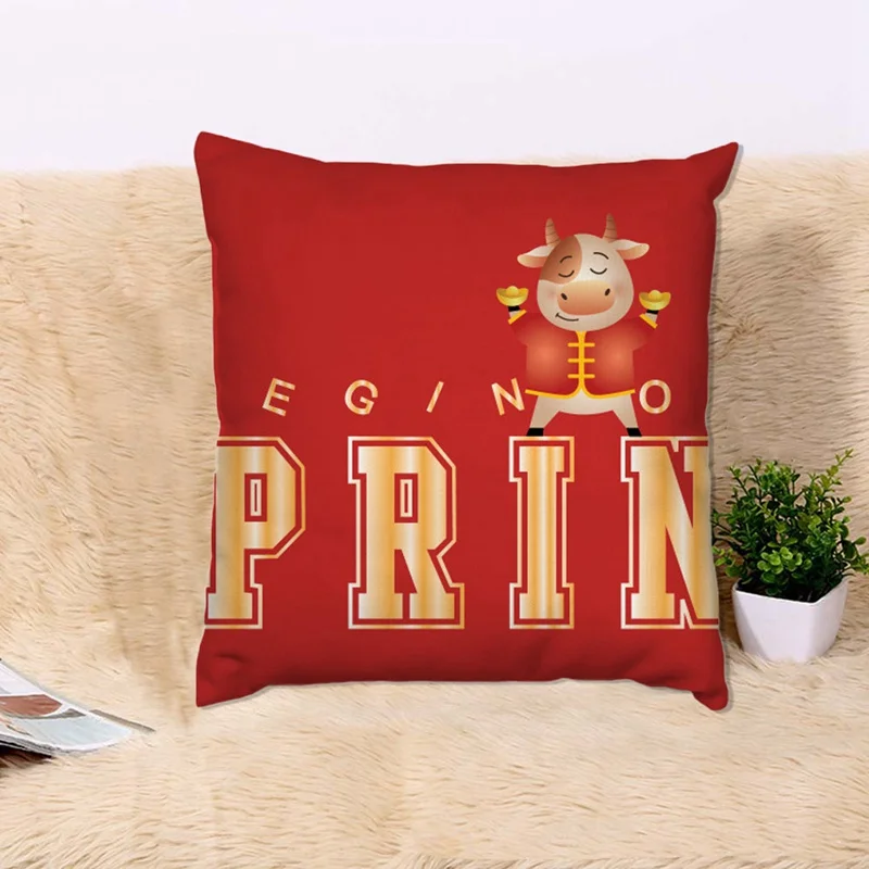 

2021 Chinese Style Happy New Year Pillow Case Cartoon Ox Year Decorative Pillowcase Bed Sofa Red Ox Cushion Cover Home Decor