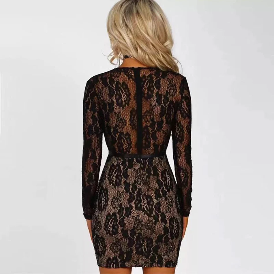 

Ailigou 2020 Winter New Women's Mini Dress Sexy Deep V-neck Long Sleeve Lace Tight Celebrity Club Party Dress Vestidos