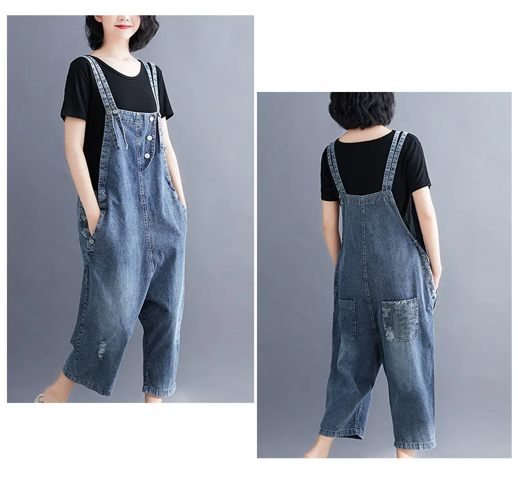 

Summer Big Size Denim Jumpsuits for Women Casual Loose Hole Denim Overalls Ladies Vintage Wide Leg Ankle-Length Jeans Rompers