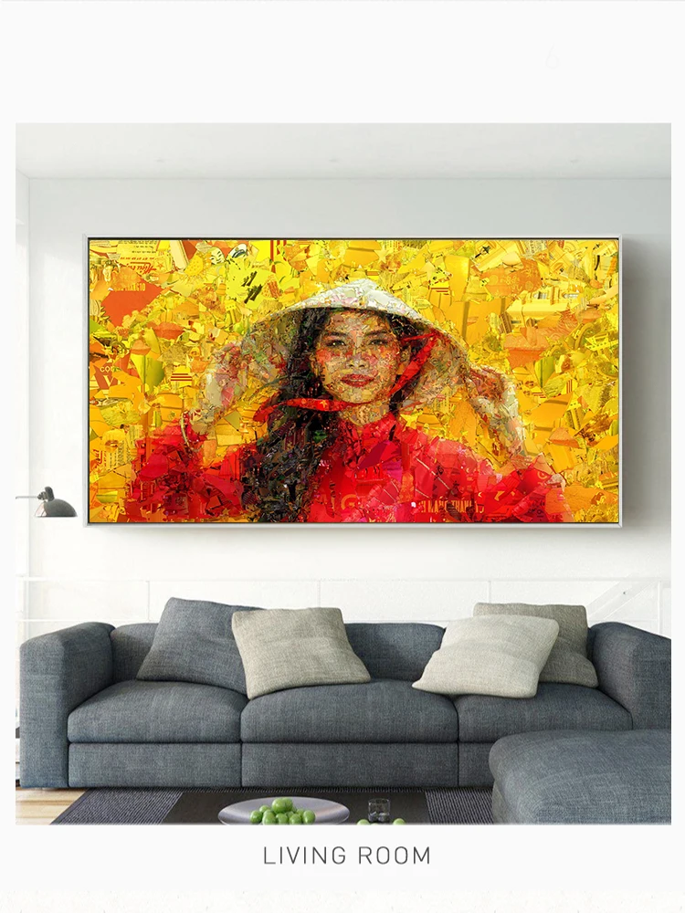 

Вьетнамские девушки мозаичный портрет живопись масляными красками Современная живопись напечатаны на холсте Wall Art Печать плакатов для Дек...