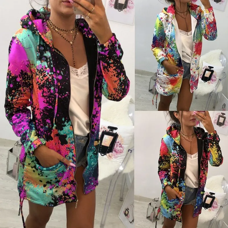 

Print Jacket Zipper Hooded Pocket Long Tie Dyeing Print Windbreaker Thin Sweatshirt Overcoat Women Autumn And Winter Warm Coat