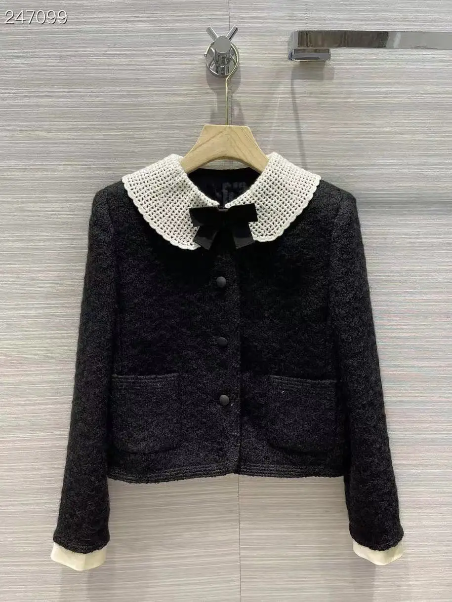 

Runway Fashion Women Jacket 2021 Designer England Color Patchwork Peter pan Collar Bow Black Single Breasted Jacket Coat