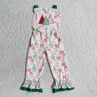 fashion kids winter christmas trees print jumpsuit girls sleeveless stitching design overalls with botton
