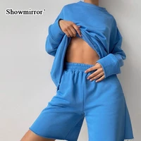 showmirrorcotton casual sweatshirt 2 pieces set long sleeve top and shorts sets women loungewear athleisure outfits autumn 2021