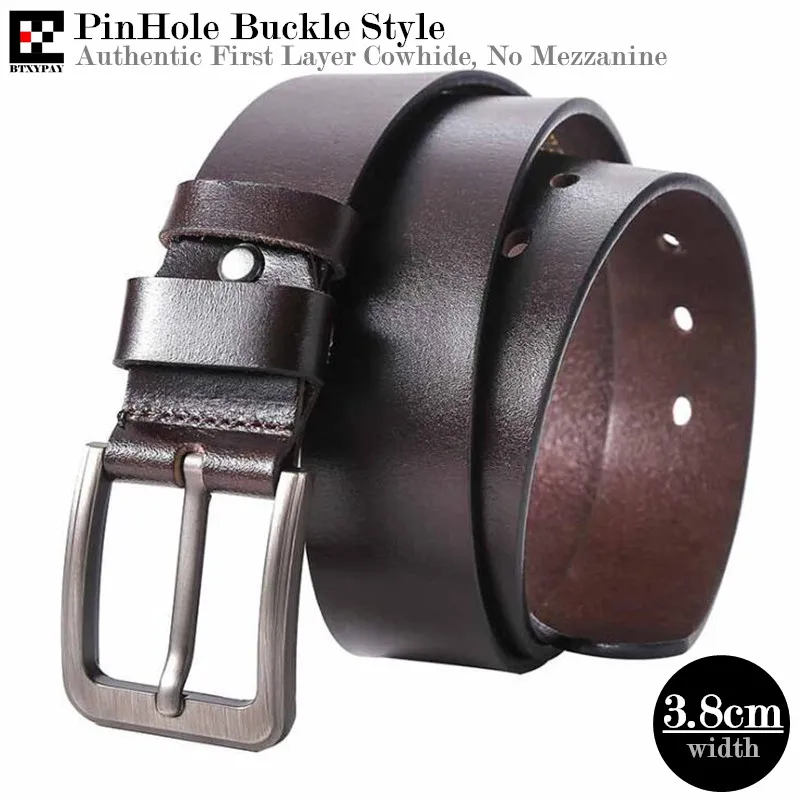 Authentic 3.8cm Width Men Genuine Leather Belts,First Layer Cowhide Smooth PinHole Buckle Waistband,with Belt Buckle L:115-125cm