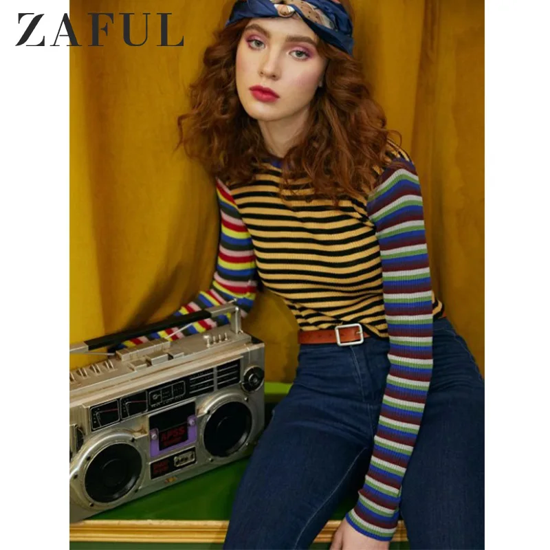 ZAFUL один размер контрастные радужные полосы укороченный свитер тонкий короткий