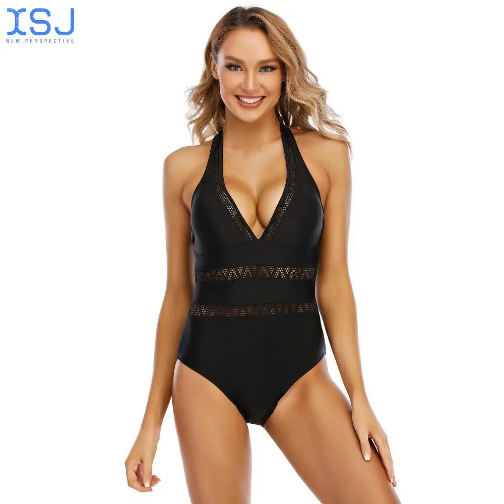 

New Fashion Conservative Suspender Belly Covering One-Piece Triangular Swimsuit Solid Color Swimsuit