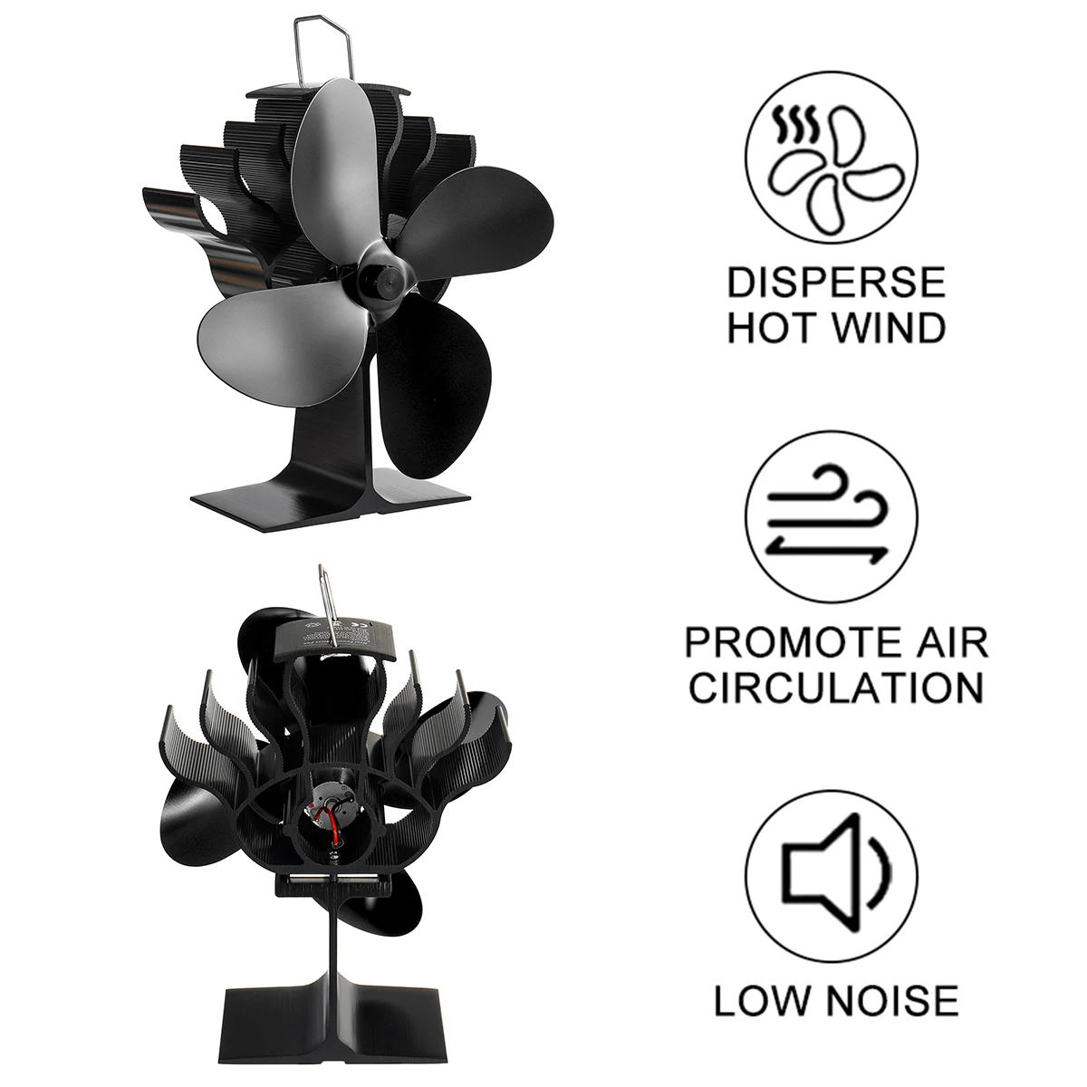 

Black 4 Blades Heat Powered Stove Fan Eco Fireplace Fan Wood Burner Quiet Energy Saving Home Efficient Heat Distribution