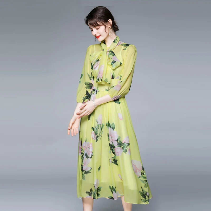 

2021 Summer Fashion Designer Runway Woman Dress Bow Collar Lemon Yellow Rose Floral-Print Elegant Vacation Chiffon Midi Dresses