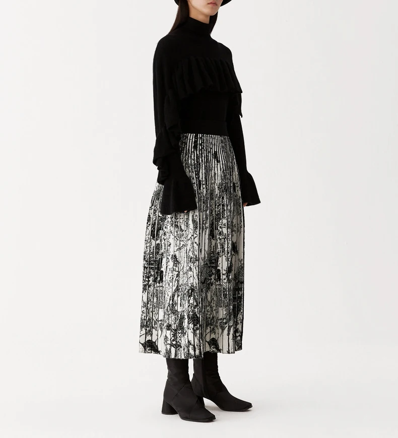 

Autumn Winter Women Midi Skirts Casual High Waist Elastic Knitting Print Pleated Skirt
