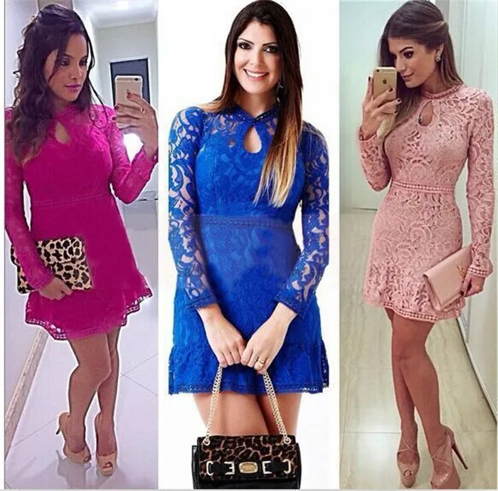 

Women Sexy See Through Dress Floral Lace Bodycon Short Pencil Dresses Office Lady Basic Long Sleeve Vestidos Evening Party Robe