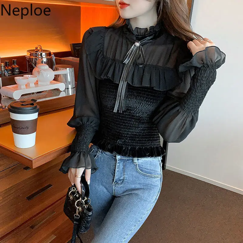 Neploe Blouse Women Chic Stand Neck Bow Shirts Sweet Ruffles Slim Fit Temperament Korean Fahsion Folds Blusas Tops Mujer | Женская