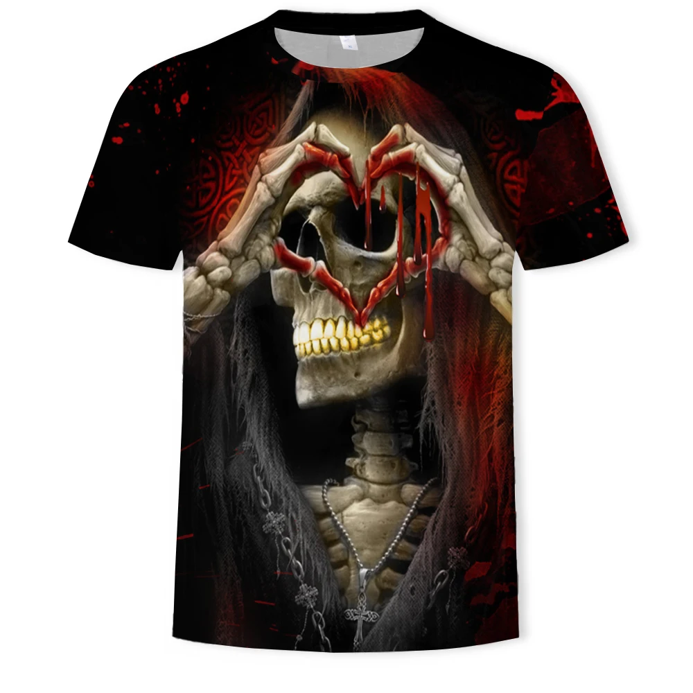 

3D printing men's and women's short-sleeved outdoor daily skull head pattern summer 3D loose and comfortable O-neck T-shirt