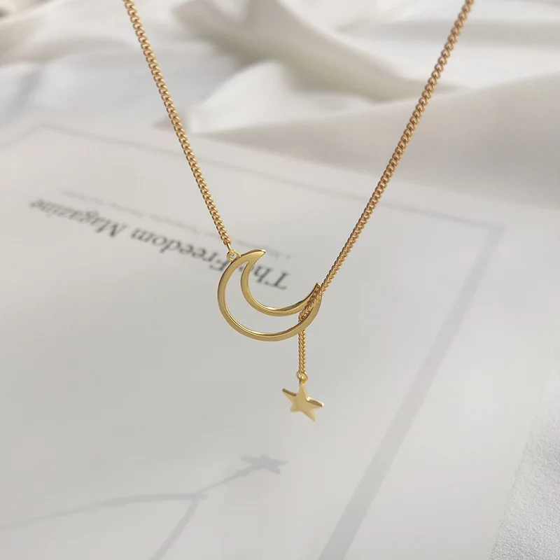 

RAINBOW HOOP Korean Style 925 Sterling Silver INS Minority Design Stars Moon Plated Gold Choker Chain For Women Necklace Jewel