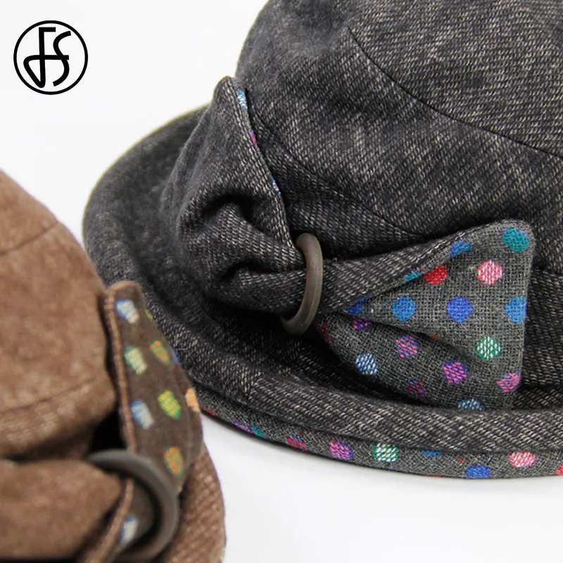 FS Elegant Wool Hat For Women Dark Grey Brown Warm Foldable Ladies Short Brim With Polka Bowknot Winter Fisherman Bucket Hats