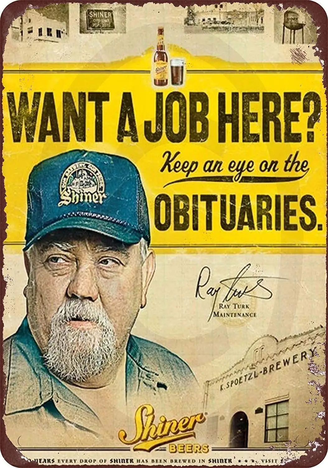 

Исарический жестяной знак пиво Shiner 1970-х хотите работу Винтажная репродукция металлический знак 8x12