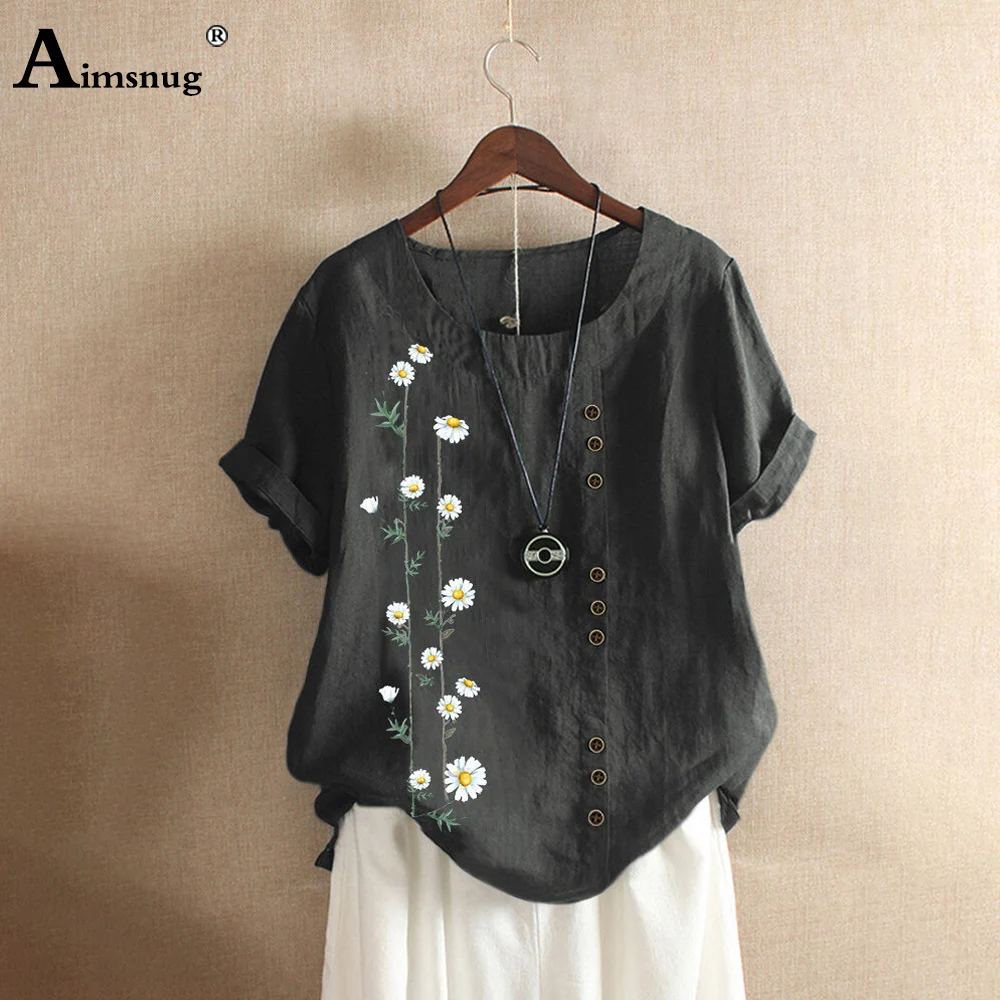 Женские летние топы 2020 льняная блузка с принтом и искусственными пуговицами