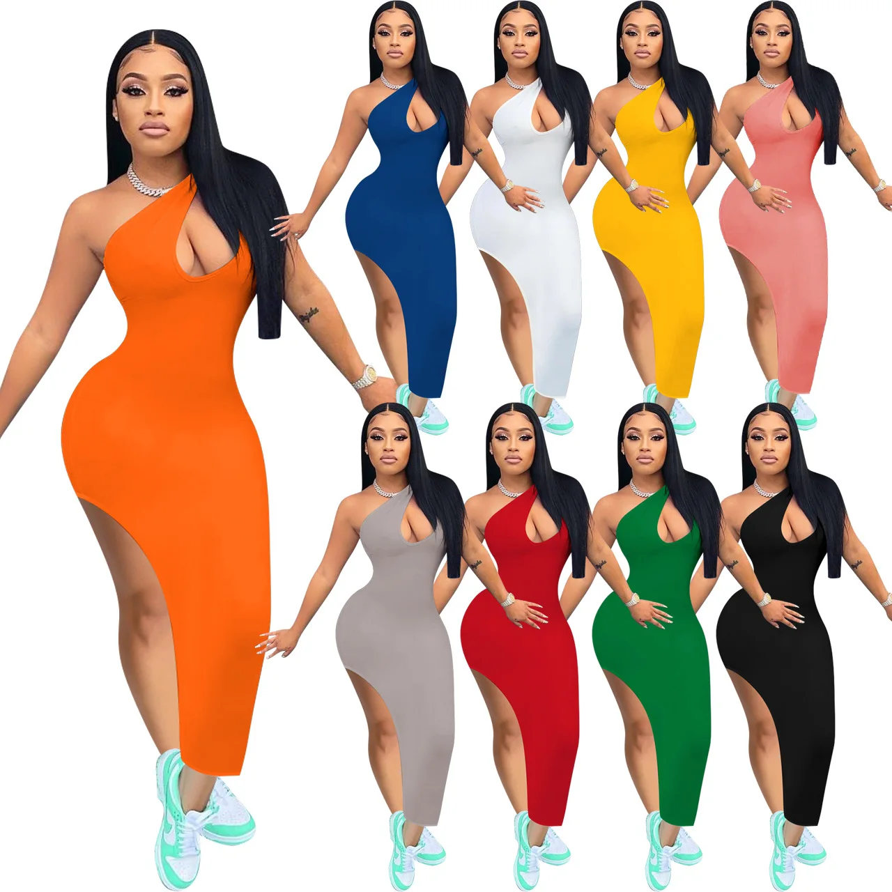 

Women Long Dress Solid One Shoulder Sleeveless Skew Collar Cut Out Splited Maxi Dresses Sexy Party Vestidos Summer