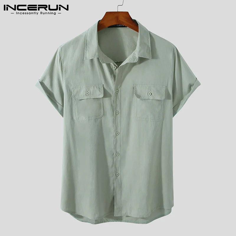 

Summer Men Shirt Harajuku Lapel Short Sleeve Casual Men Clothing 2021 Solid Color Cotton Pockets Streetwear Camisas INCERUN 3XL