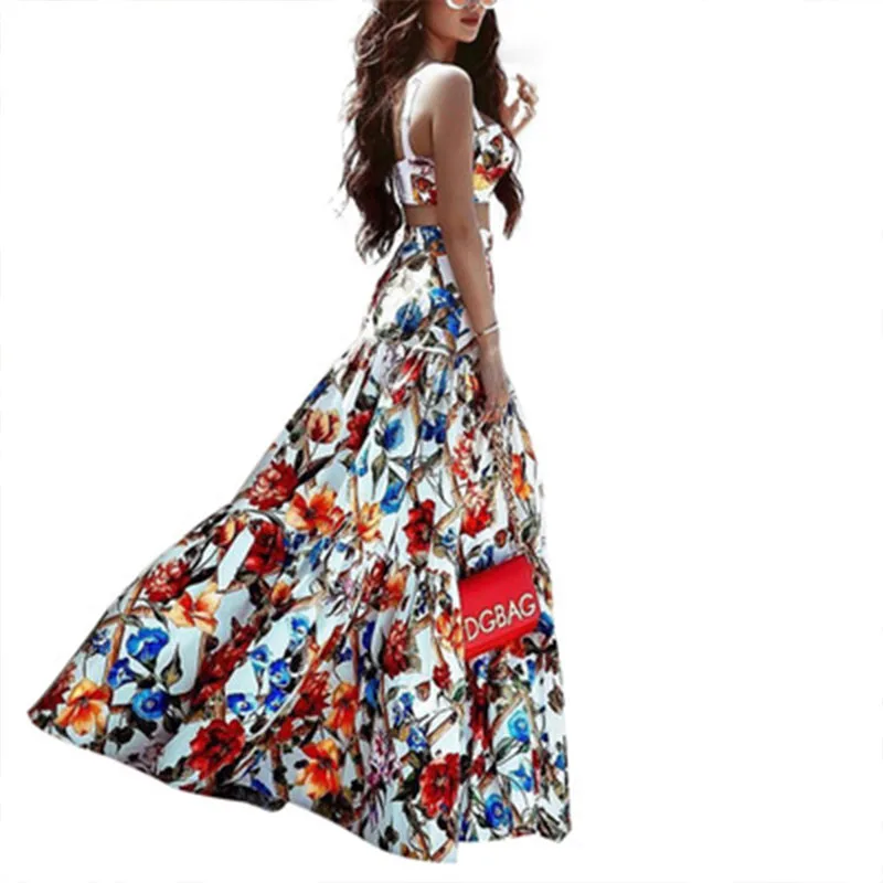 Sexy Women suit 2020 New Summer Two Piece Set Crop Top Retro Printed sling beach Long Dress High Waist Skirts Holiday Lady |