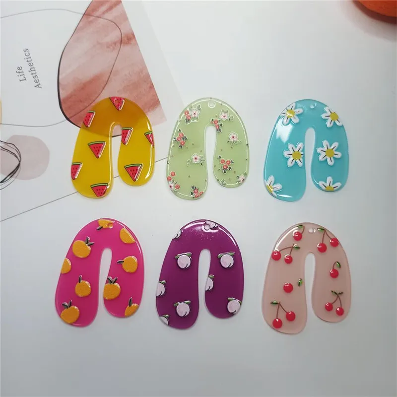 

New style 40pcs/lot color fruit pattern print geometry U shape acrylic beads diy jewelry earring/garment pendant accessory