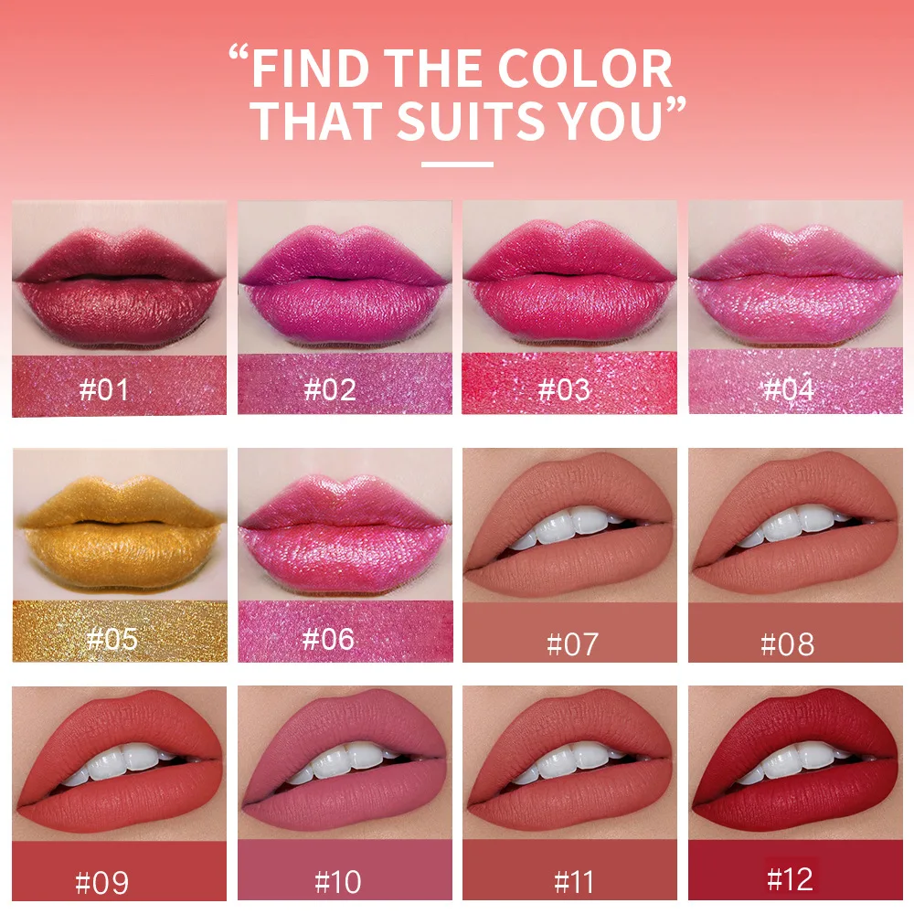 

New Matte Velvet Lipstick HANDAIYAN Waterproof Lip Stick Glitter 12 Colors Pearl Pigments Lipgloss Makeup Sexy Red Brown