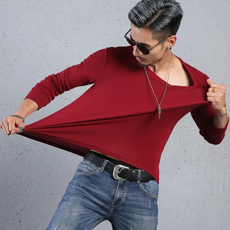 Мужская футболка с V-образным вырезом и длинным рукавом из чистого хлопка | одежда