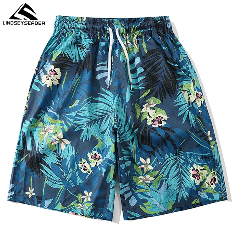 

New Quick Dry Summer Shorts Mens Leaf Print Streetwear Shorts Surf Siwmwear Bermudas Swim for Men Blue Print Board Short Set