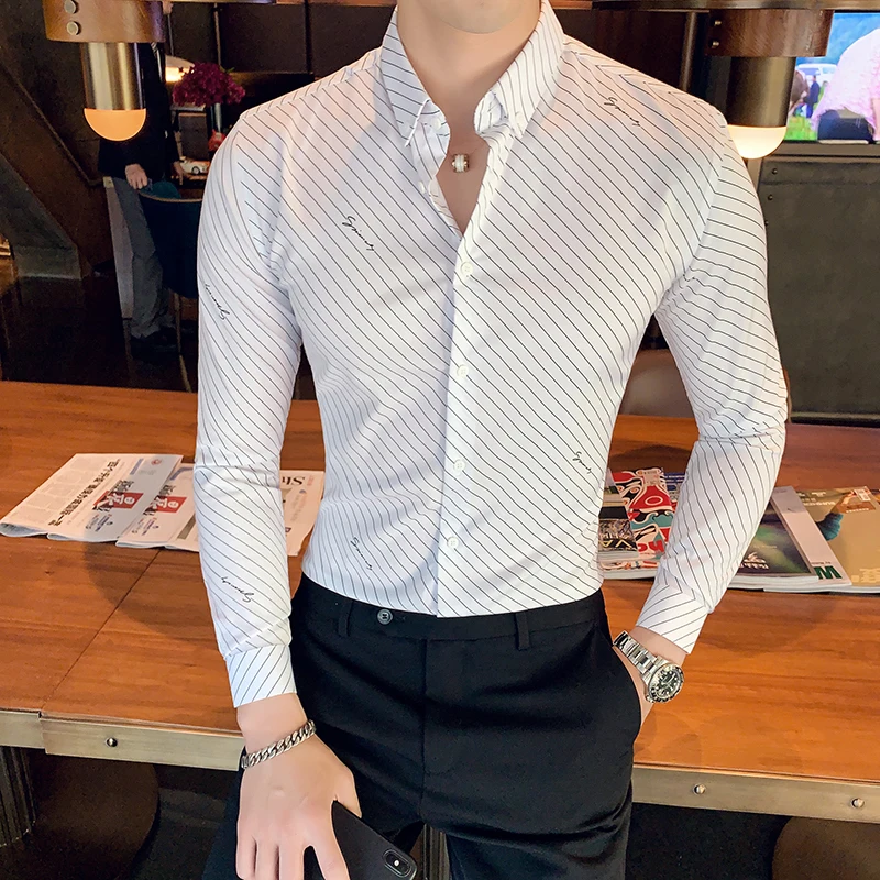 Chemise Homme британский стиль Для мужчин рубашка в полоску с длинными рукавами, высокое качество, отложной воротник, деловая, общественная рубашки Для мужчин клубный костюм-смокинг
