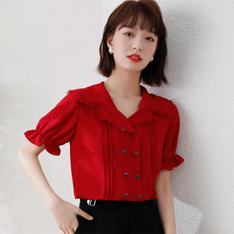 

COIGARSAM Vintage Lace Shirt Womens tops New Summer Chiffon Double Breasted V-Neck Women shirts Red 8026