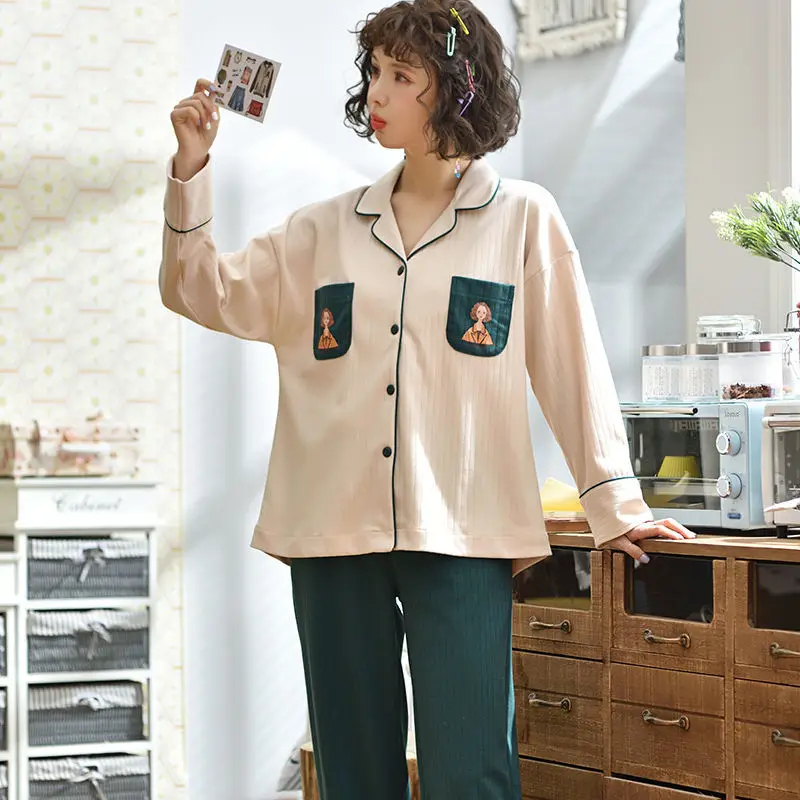 Ins Cotton Pajamas Women Spring and Autumn Students Korean Version of The Cute Long-sleeved Cardigan Models of Home Clothing Set