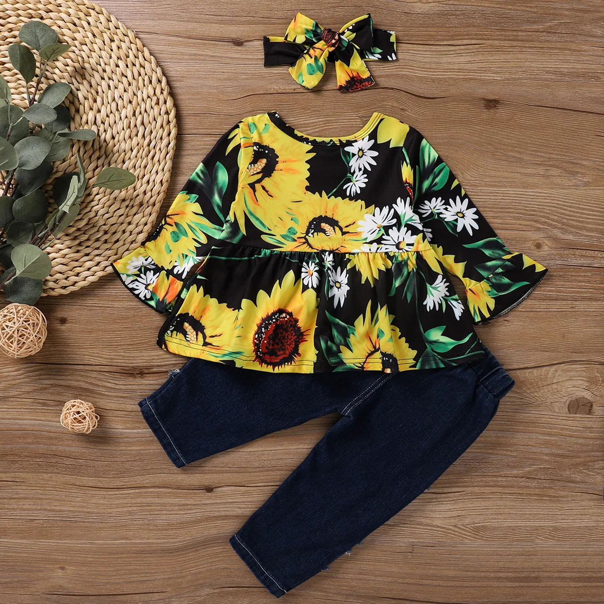 

2021 модная одежда для мальчиков и девочек, Комплекты одежды из 3 предметов, принтом в виде цветов подсолнуха, с длинными рукавами, платья, топы...