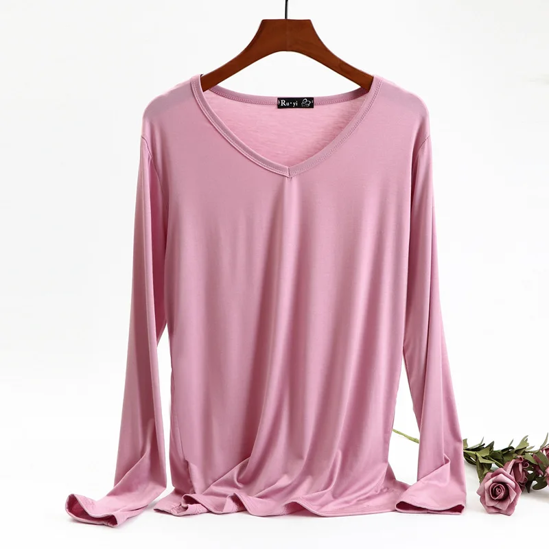 Pink Женская футболка с v-образным вырезом и длинным рукавом из модала, хлопковая футболка, однотонная Базовая футболка, весна-осень, Женские повседневные топы, ropa mujer - Цвет: Pink
