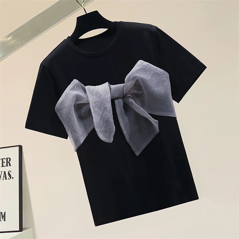 

Fashion Patchwork Big Bow Short Sleeve Cotton T Shirt Woman Baggy Loose O-Neck Thin White Black Tops Summer Clothes For Women