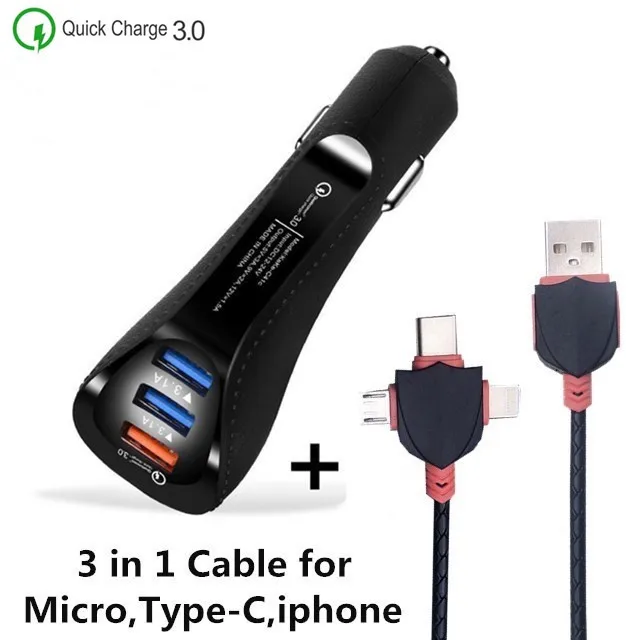 3 порта USB зарядное устройство 3.1A автомобильное зарядное устройство для мобильного телефона быстрое зарядное устройство адаптер для iphone huawei samsung Quick charger 3,0 - Тип штекера: Black 3USB and Cable