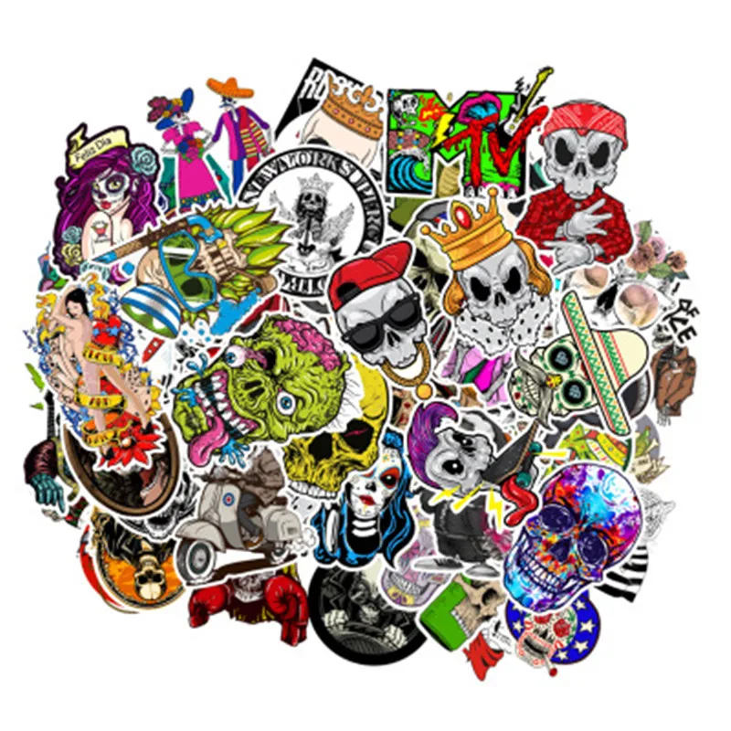

100pcs Stickers DIY Skull Picture Waterproof PVC Children Mixed Cartoon Toy Stickers for Skate Car Styling Bike Motorcycle Kids