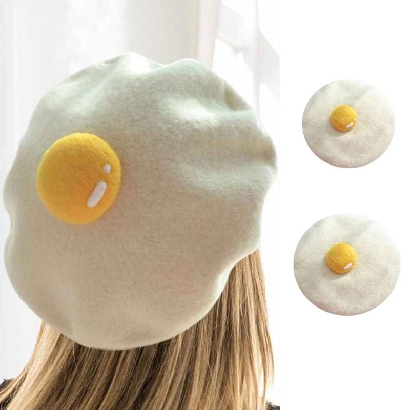 Parent-Child Winter Faux Wool Beret Cap Creative Kawaii Cute Poached Egg Vintage Warm Artist Painter Beanies Hat for Women