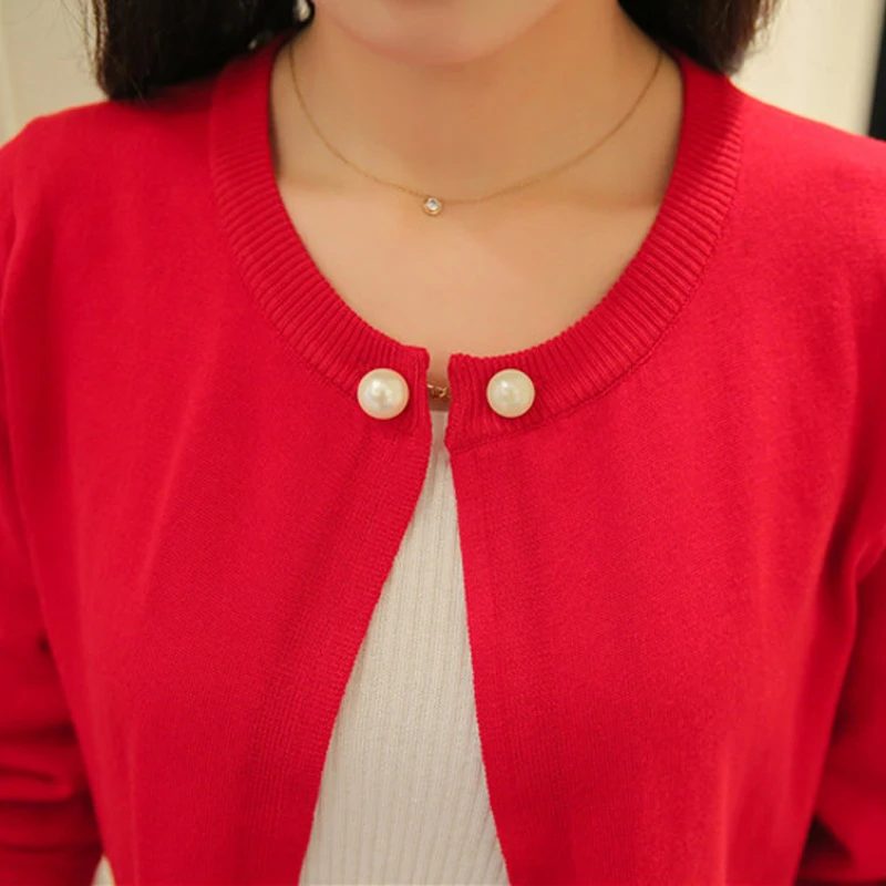 

Elegant Solid Office Ladies Style Knit Sweater Basic Long Sleeve Woman Cardigans O-Neck Short Female Sweater with One Button