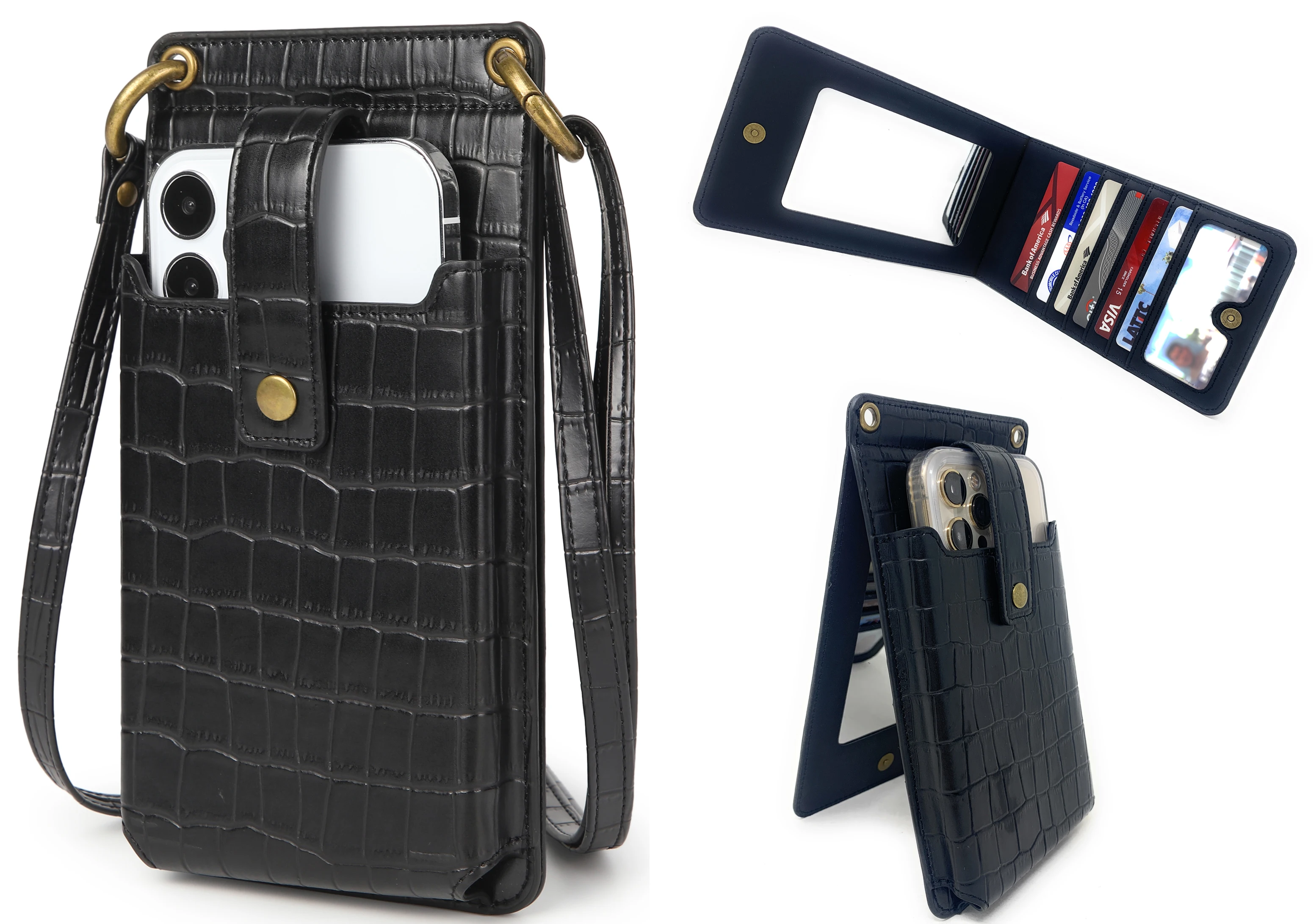 

Trendy Phone Case Wallet Crossbody Purse Card Slots Holder Mirror Zipper Pocket Detachable Strap Women's Shoulder Bag