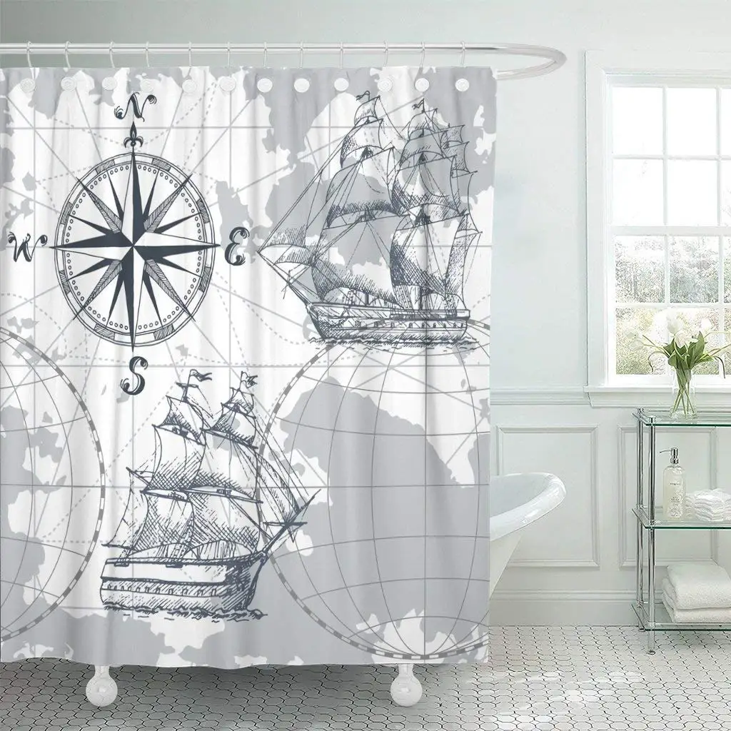 

Shower Curtain World Sea Map Compass and Sailing Ship Perfect Vintage Waterproof Polyester Fabric Set with Hooks
