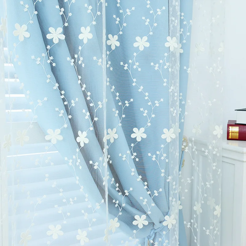 

Finished Curtains for Bedroom Pastoral Lace Embroidery Tulle Valance Curtain for Living Room Window Yarn Pure Color High Shade