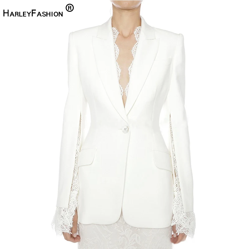 HarleyFashion High Quality European American Single Button Solid Designing Formal Lace Patchwork Blazer Outerwear Jackets