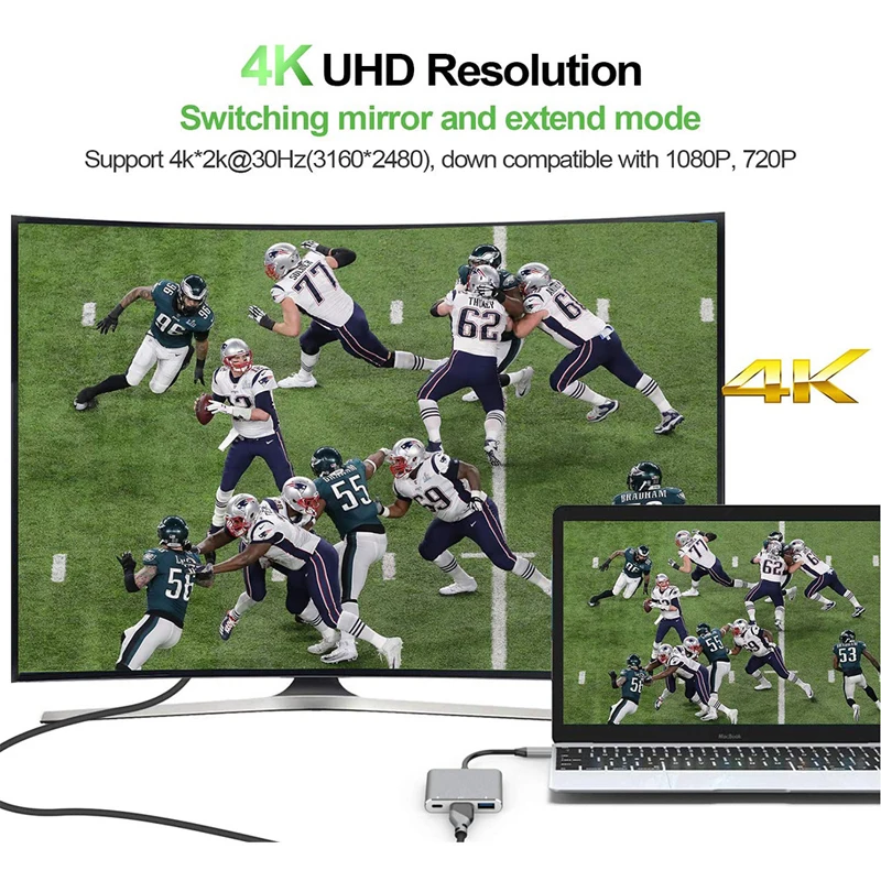 Адаптер USBC-Hdmi 3 в 1 совместимый с Apple Macbook монитором коммутатор Type C 30 Гц 4K