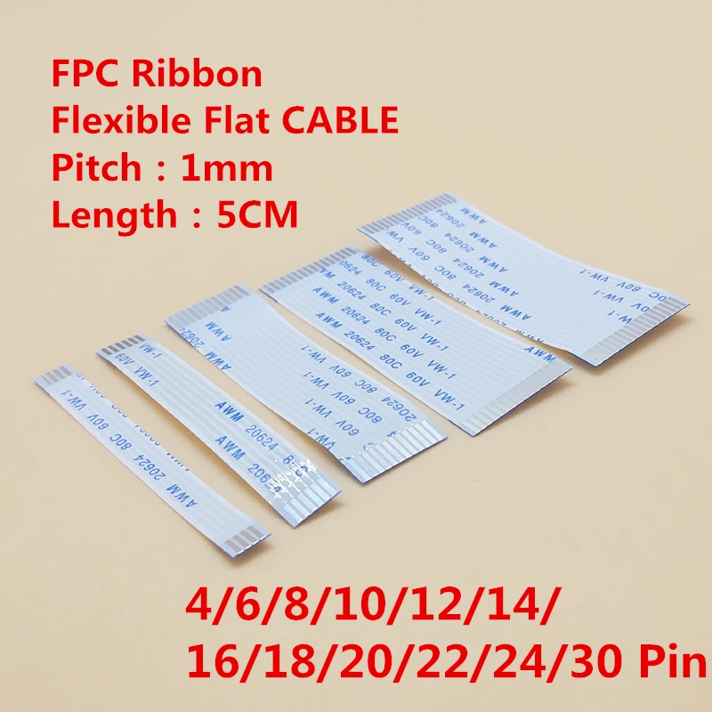 

10PCS Flat flexible cable FFC FPC LCD cable Same direction AWM 20624 80C 60V VW-1 1.0MM 5cm 4/6/8/10/12/14/16/18/20/24/26/30Pin
