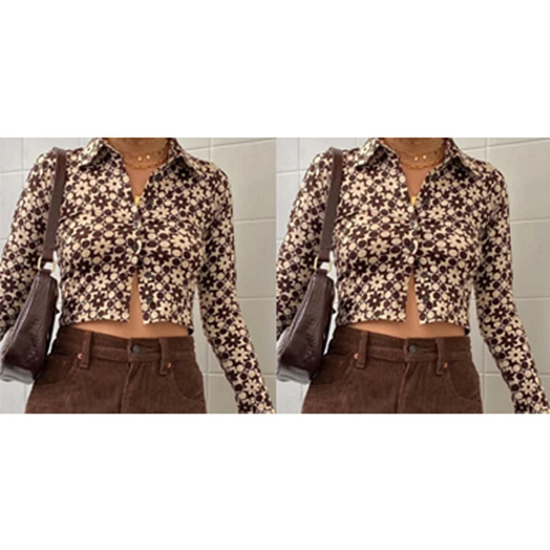 

Лидер продаж Kf-женская модная футболка винтажная коричневая Цветочная кардиган рубашки с отложным воротником футболки с длинным рукавом