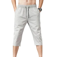 mens summer solid color capri pants elastic waist men drawstring 34 length cropped trousers sweatpants casual male sportspants