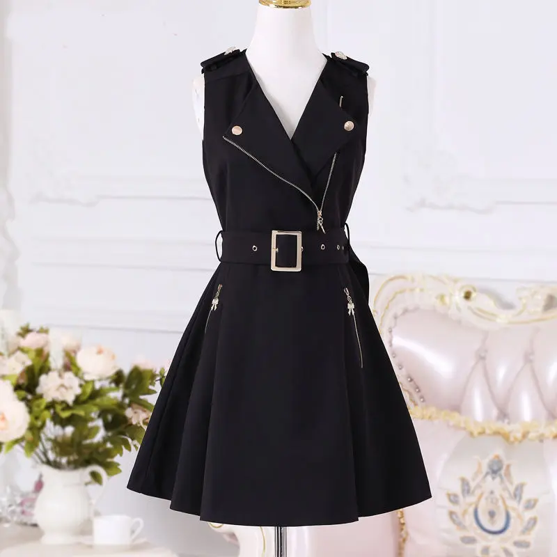 

Women Sleeveless Vest Dress 2023 Summer British Fashion Black Zipper Slim Elegant Lady Dresses Fall Clothing Punk Goth Gothic