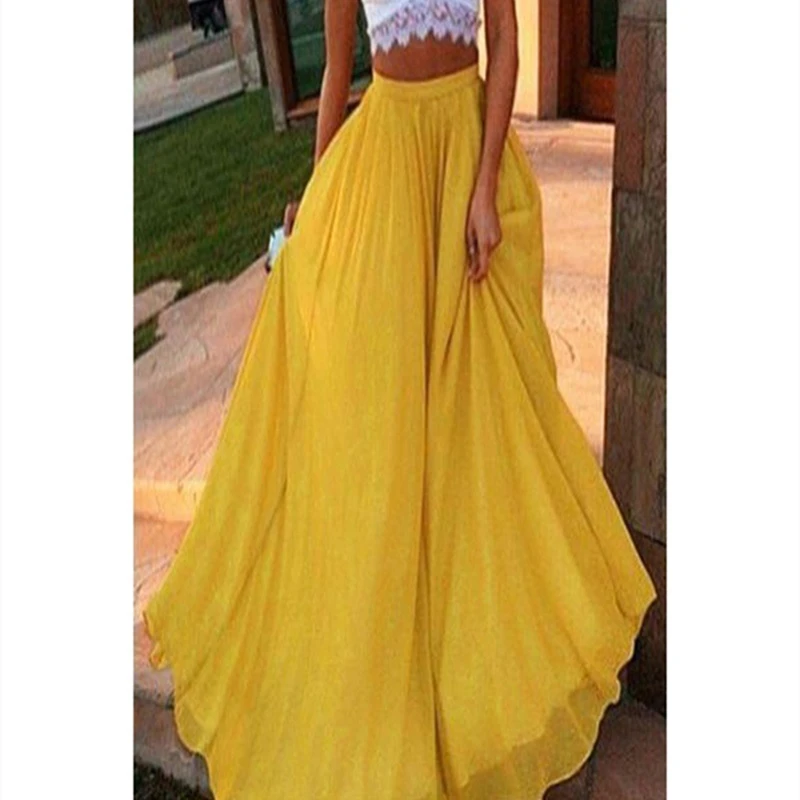 

2021 Women Chiffon Long Skirts Elastic Waist Pleated A-line Maxi Skirts Beach Boho Vintage High Waist Summer Skirts Faldas Saia